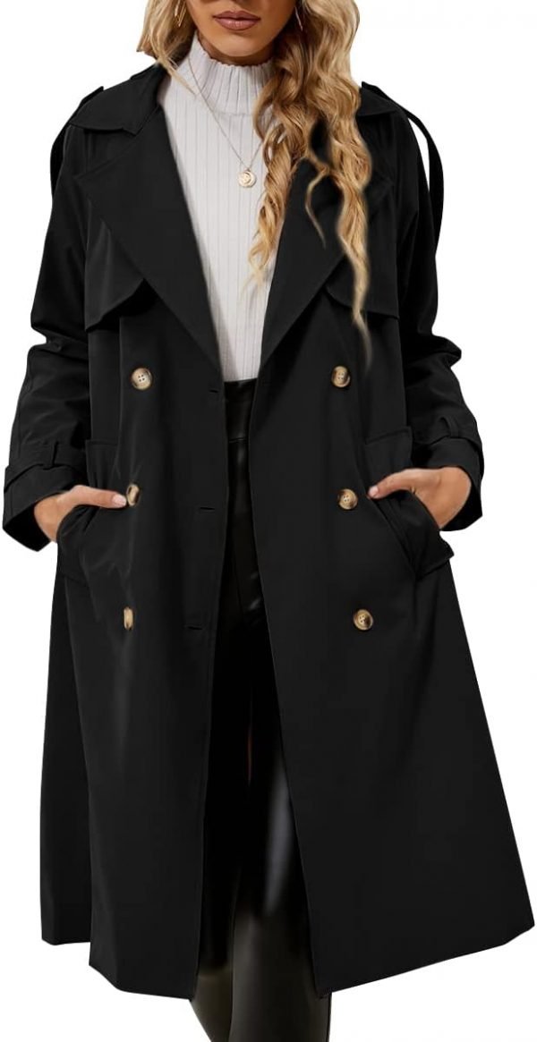 Women's Double Breasted Classic Long Trench Coat Lapel Slim Casual Waterproof Overcoat with Belt