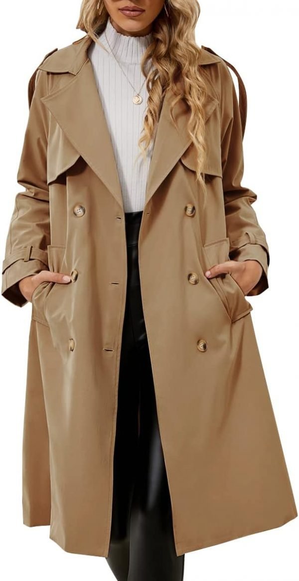 Women's Double Breasted Classic Long Trench Coat Lapel Slim Casual Waterproof Overcoat with Belt