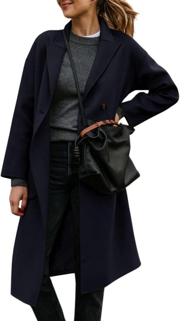 Women's Lapel Peacoat Winter Double-Breasted Outerwear Mid Long Jacket Casual Trench Coat