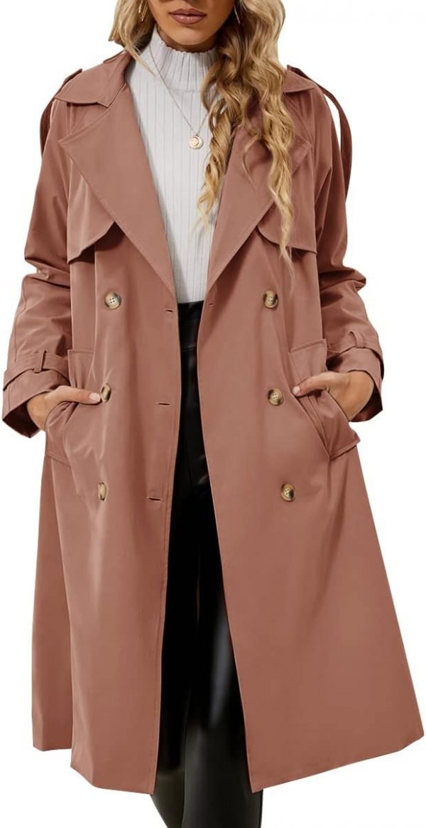 Women's Double Breasted Classic Long Trench Coat Lapel Slim Casual Waterproof Overcoat with Belt
