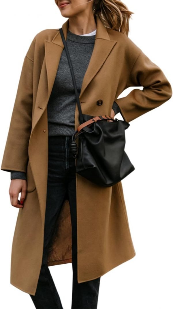 Women's Lapel Peacoat Winter Double-Breasted Outerwear Mid Long Jacket Casual Trench Coat