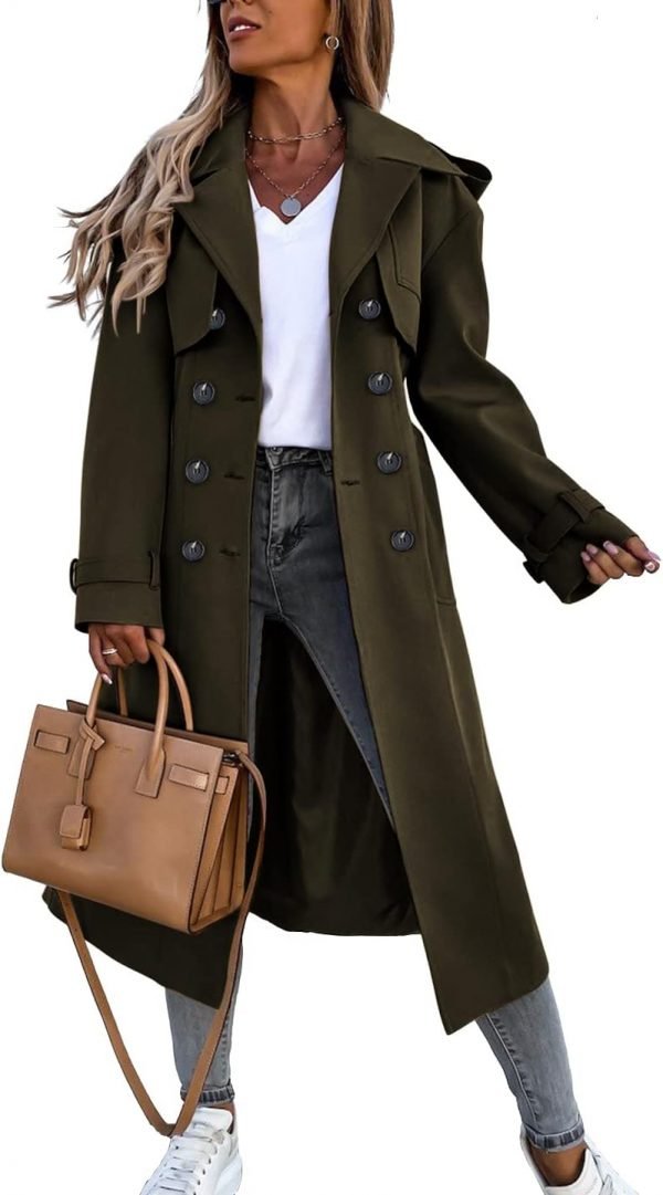 Women's Double Breasted Long Trench Coat Windproof Classic Lapel Belted Overcoat with Pockets