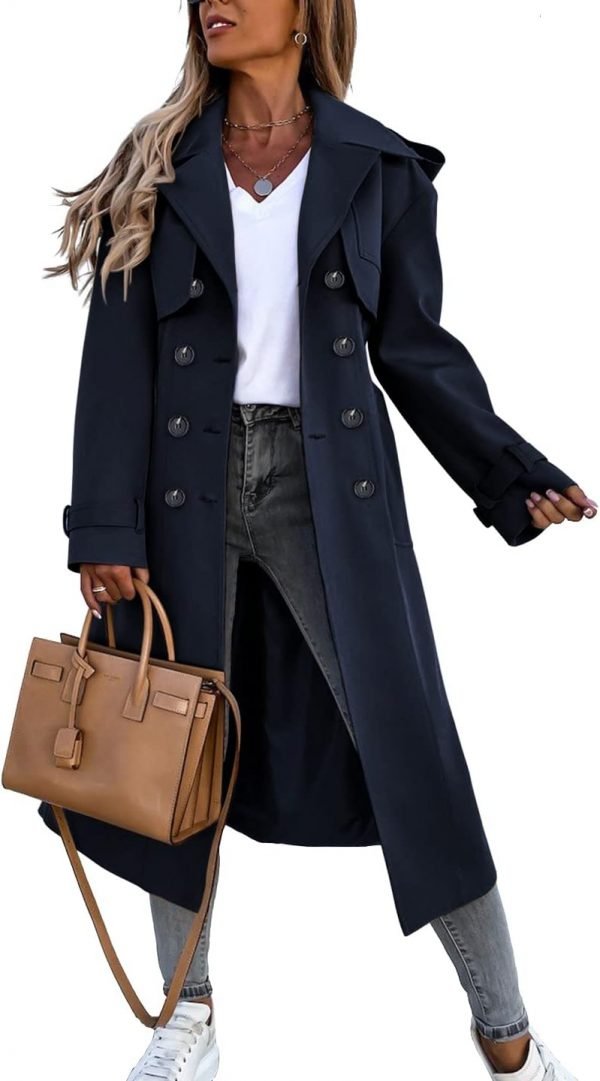 Women's Double Breasted Long Trench Coat Windproof Classic Lapel Belted Overcoat with Pockets