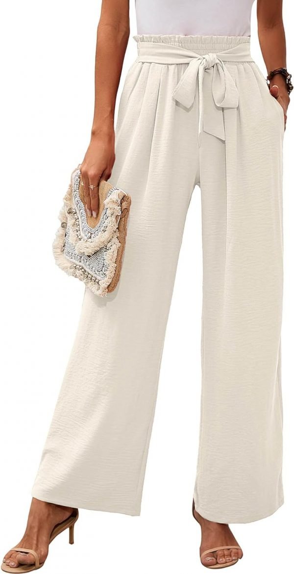 Women's Wide Leg Lounge Pants with Pockets Lightweight High Waisted Adjustable Tie Knot Loose Trousers