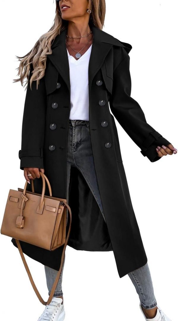 Women's Double Breasted Long Trench Coat Windproof Classic Lapel Belted Overcoat with Pockets