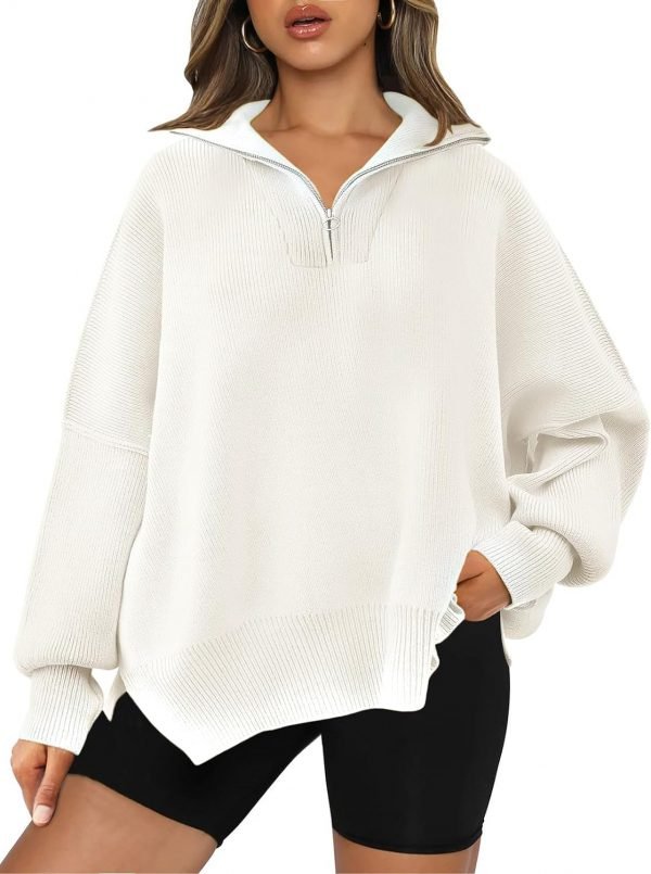 Women's Sweaters 2023 Winter Zipper Collared Oversized Drop Shoulder Tunic Pullover Knit Sweater Tops