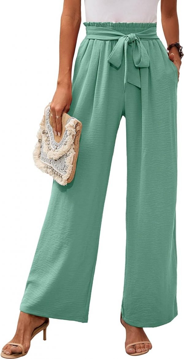 Women's Wide Leg Lounge Pants with Pockets Lightweight High Waisted Adjustable Tie Knot Loose Trousers