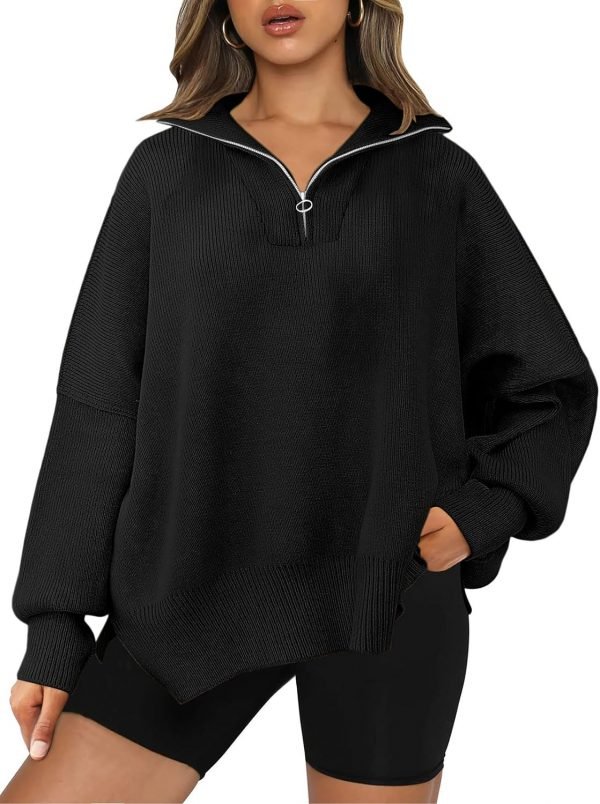 Women's Sweaters 2023 Winter Zipper Collared Oversized Drop Shoulder Tunic Pullover Knit Sweater Tops
