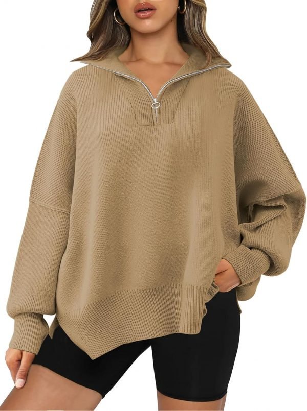 Women's Sweaters 2023 Winter Zipper Collared Oversized Drop Shoulder Tunic Pullover Knit Sweater Tops
