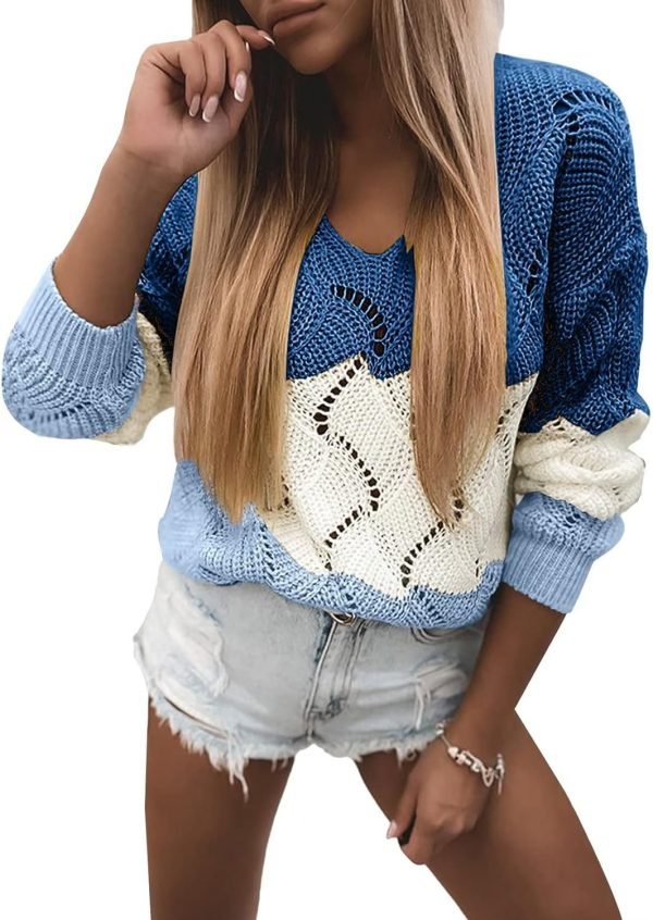 Women's 2023 Cute Elegant Soft Crewneck Long  Hollow Cable Knit Pullover Sweaters