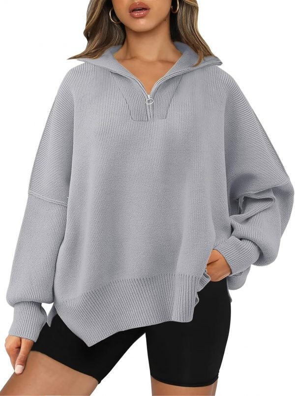 Women's Sweaters 2023 Winter Zipper Collared Oversized Drop Shoulder Tunic Pullover Knit Sweater Tops