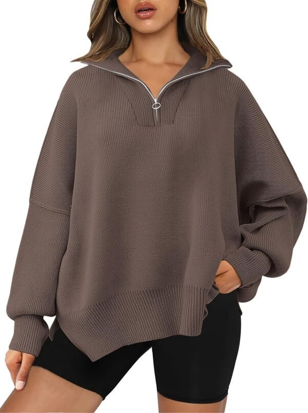 Women's Sweaters 2023 Winter Zipper Collared Oversized Drop Shoulder Tunic Pullover Knit Sweater Tops